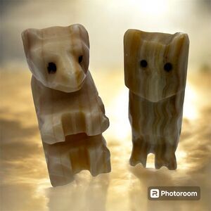 2 Vintage Hand Carved 2” Onyx Bear & Owl Figurines Brown & White W/Black Eyes